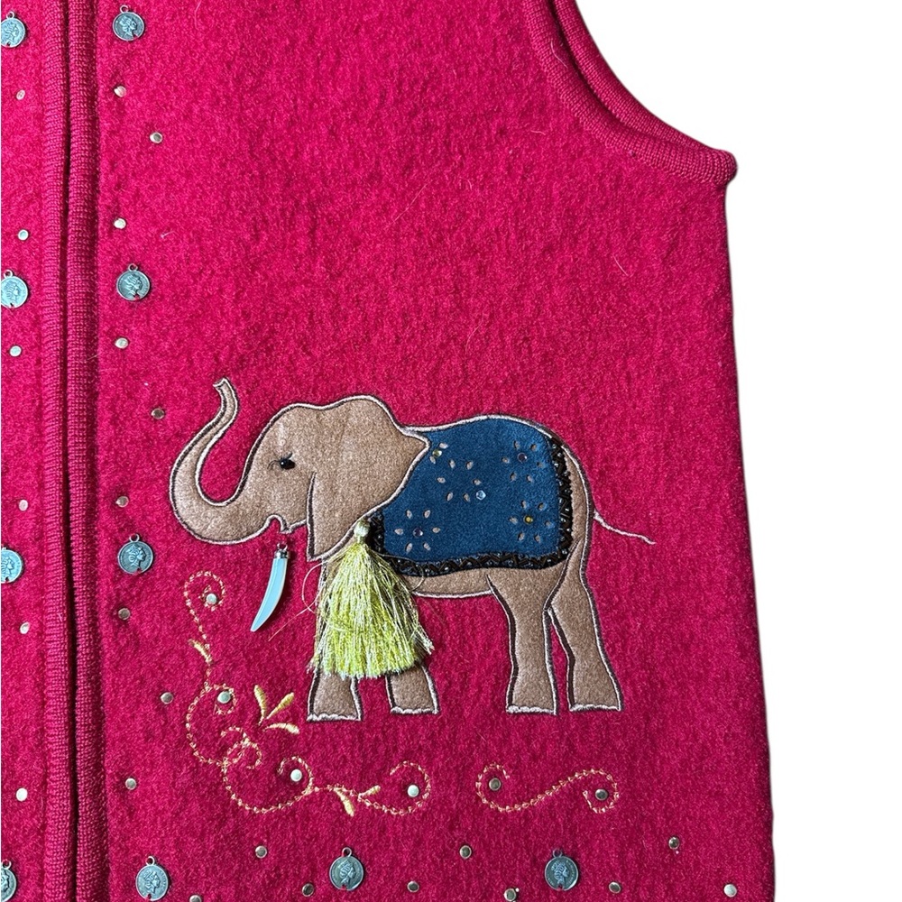 Vintage Red Boiled Wool Ethnic Indian Elephant Christmas Sweater XL - Picture 2 of 5